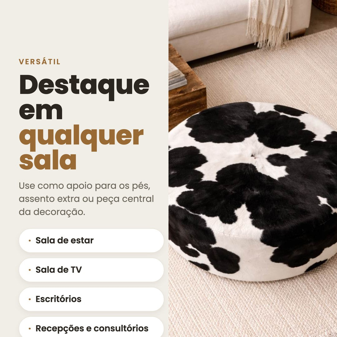 Puff de Couro Legítimo Preto e Branco pronto para uso