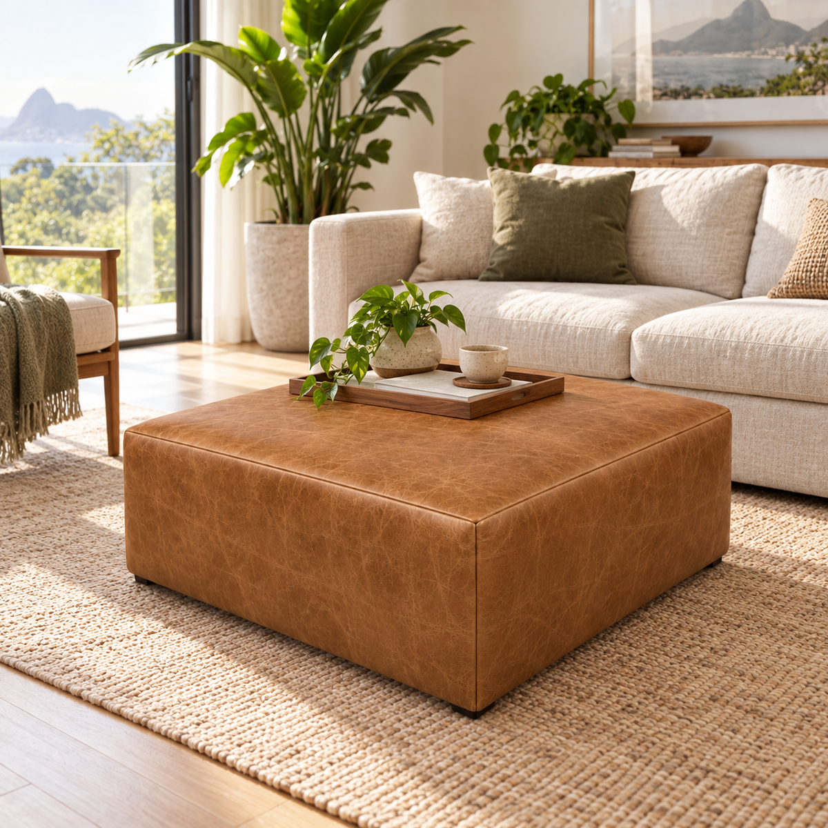 Puff Quadrado Waxy Caramelo em Couro de Estofamento - 80x80cm — foto orgânica de ambiente 1