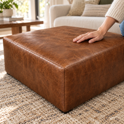 Puff Quadrado Waxy Caramelo em Couro de Estofamento - 80x80cm — foto orgânica de ambiente 4