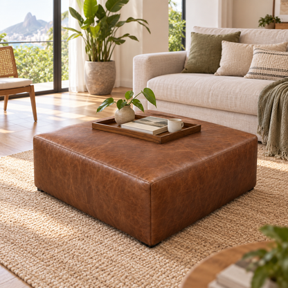 Puff Quadrado Waxy Tabaco em Couro de Estofamento - 80x80cm — foto orgânica de ambiente 1