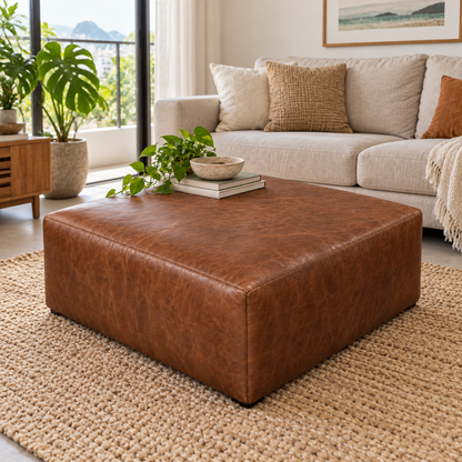 Puff Quadrado Waxy Tabaco em Couro de Estofamento - 80x80cm — foto orgânica de ambiente 3