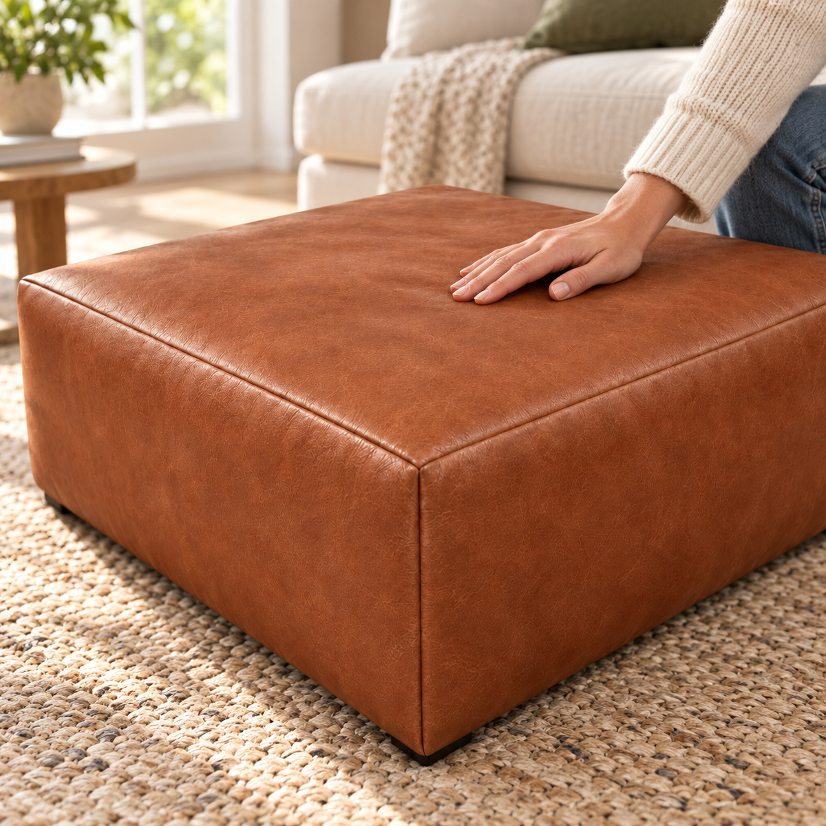 Puff Quadrado Waxy Tabaco em Couro de Estofamento - 80x80cm — foto orgânica de ambiente 4