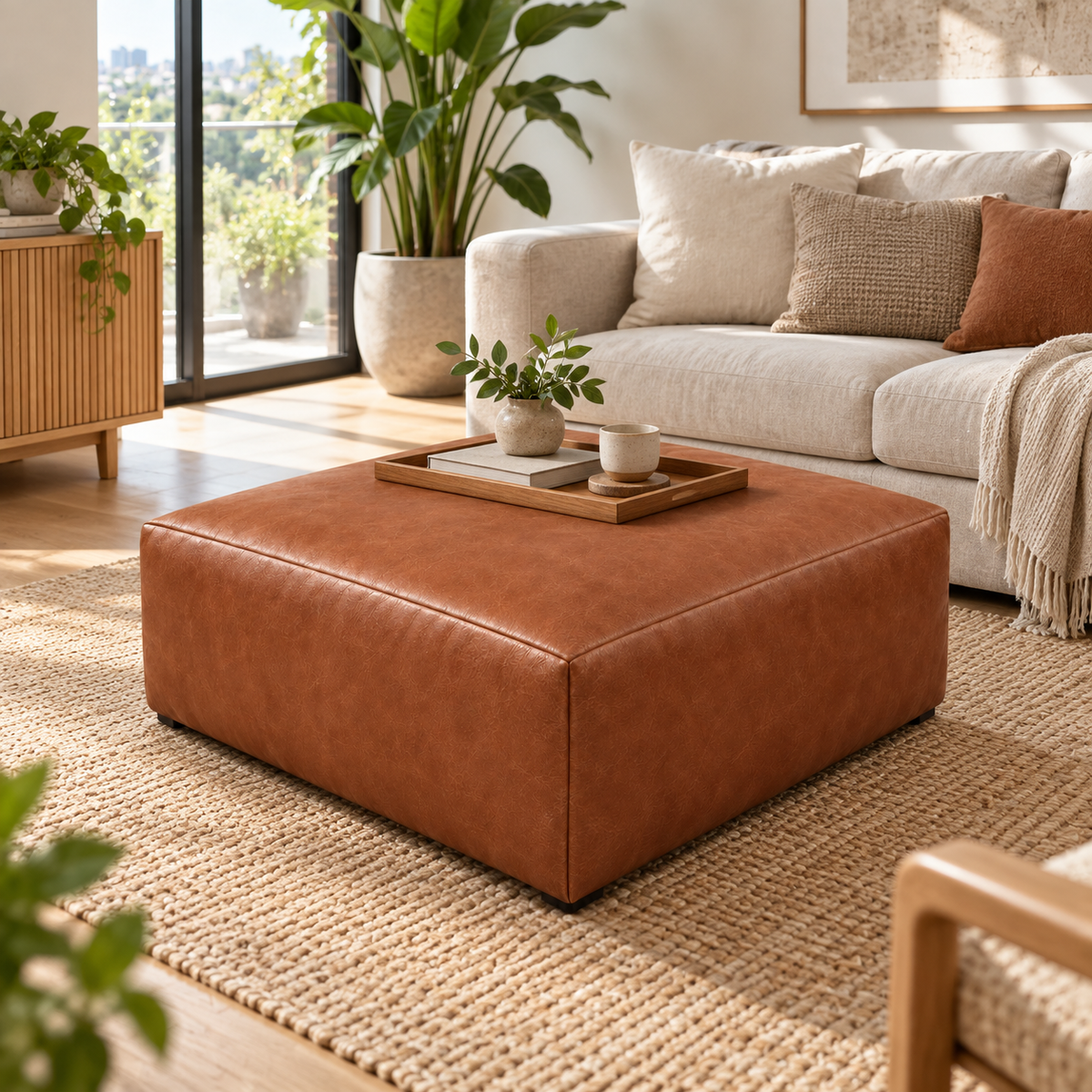 Puff Quadrado Waxy Terracota em Couro de Estofamento - 80x80cm — foto orgânica de ambiente 1