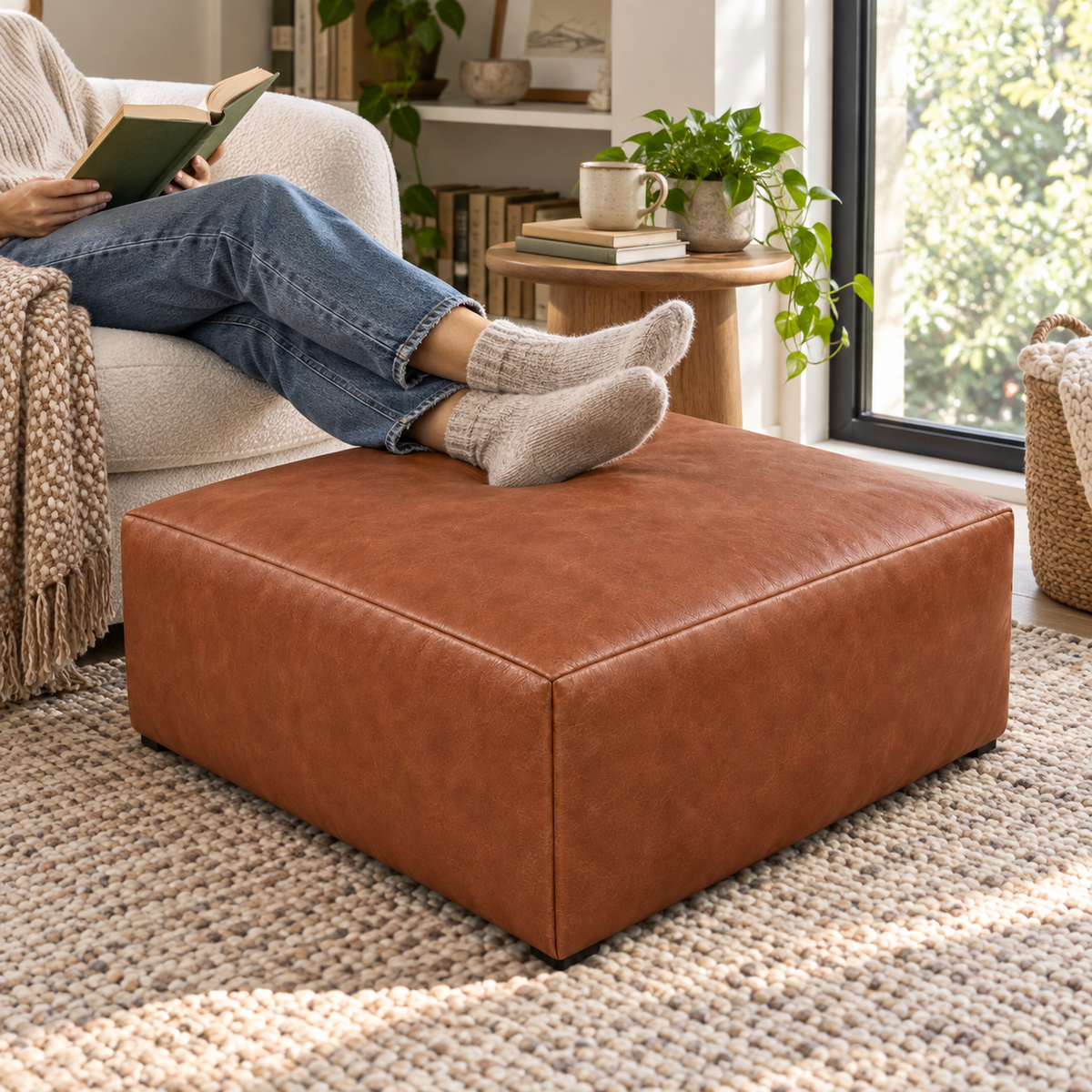 Puff Quadrado Waxy Terracota em Couro de Estofamento - 80x80cm — foto orgânica de ambiente 2