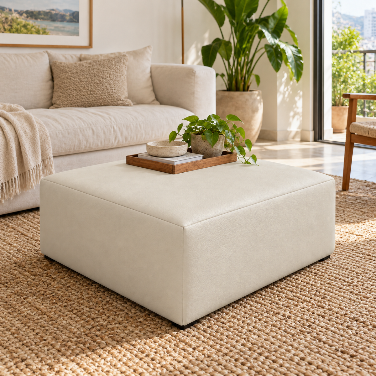 Puff Quadrado Waxy Terracota em Couro de Estofamento - 80x80cm — foto orgânica de ambiente 3