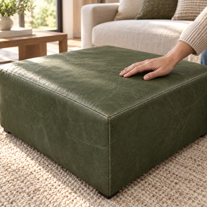 Puff Quadrado Waxy Terracota em Couro de Estofamento - 80x80cm — foto orgânica de ambiente 4