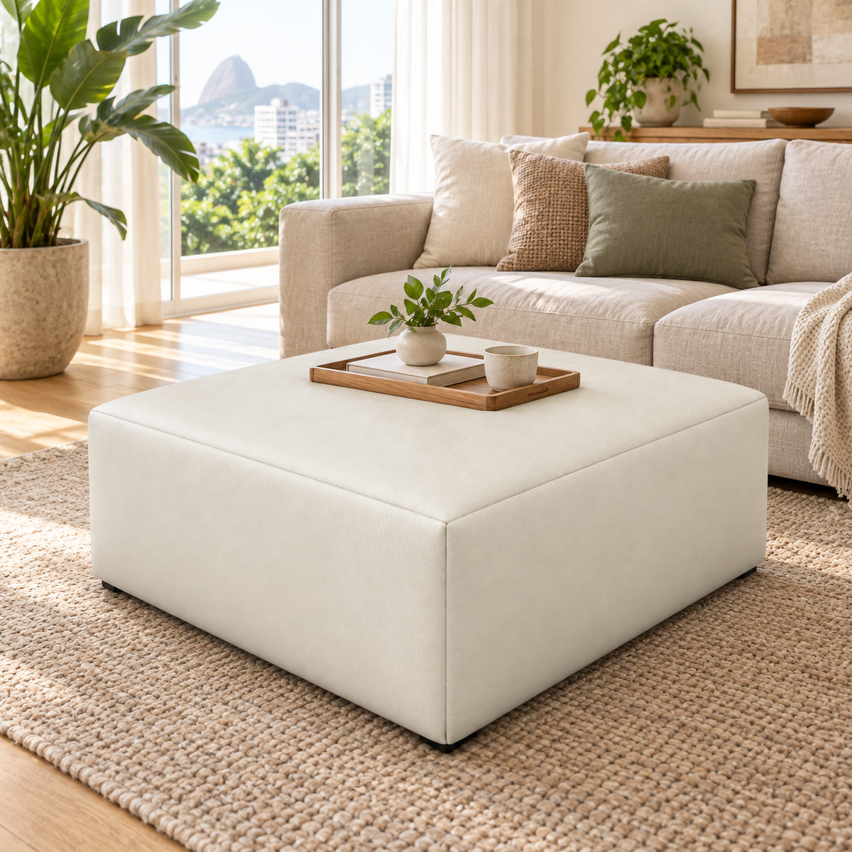 Puff Quadrado Waxy Off White em Couro de Estofamento - 80x80cm — foto orgânica de ambiente 1