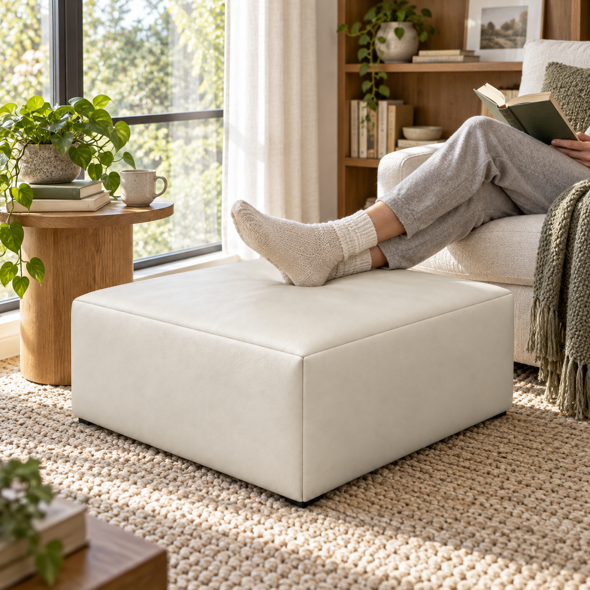 Puff Quadrado Waxy Off White em Couro de Estofamento - 80x80cm — foto orgânica de ambiente 2
