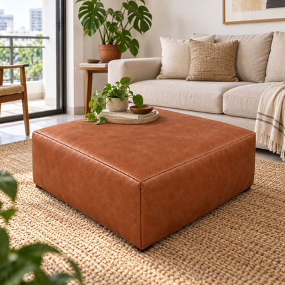 Puff Quadrado Waxy Off White em Couro de Estofamento - 80x80cm — foto orgânica de ambiente 3