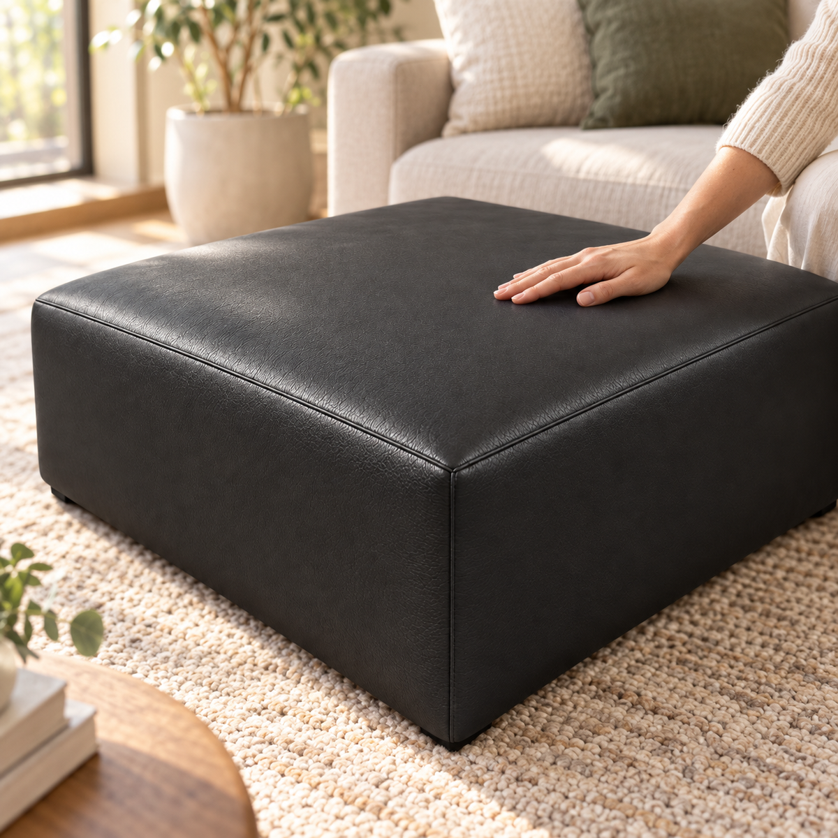 Puff Quadrado Waxy Off White em Couro de Estofamento - 80x80cm — foto orgânica de ambiente 4