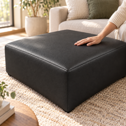 Puff Quadrado Waxy Off White em Couro de Estofamento - 80x80cm — foto orgânica de ambiente 4