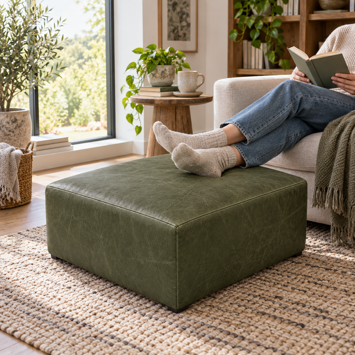 Puff Quadrado Waxy Verde Esmeralda em Couro de Estofamento - 80x80cm — foto orgânica de ambiente 2