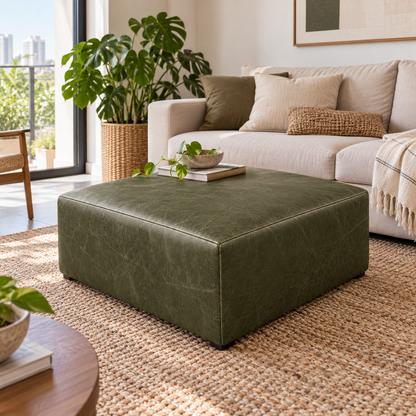 Puff Quadrado Waxy Verde Esmeralda em Couro de Estofamento - 80x80cm — foto orgânica de ambiente 3