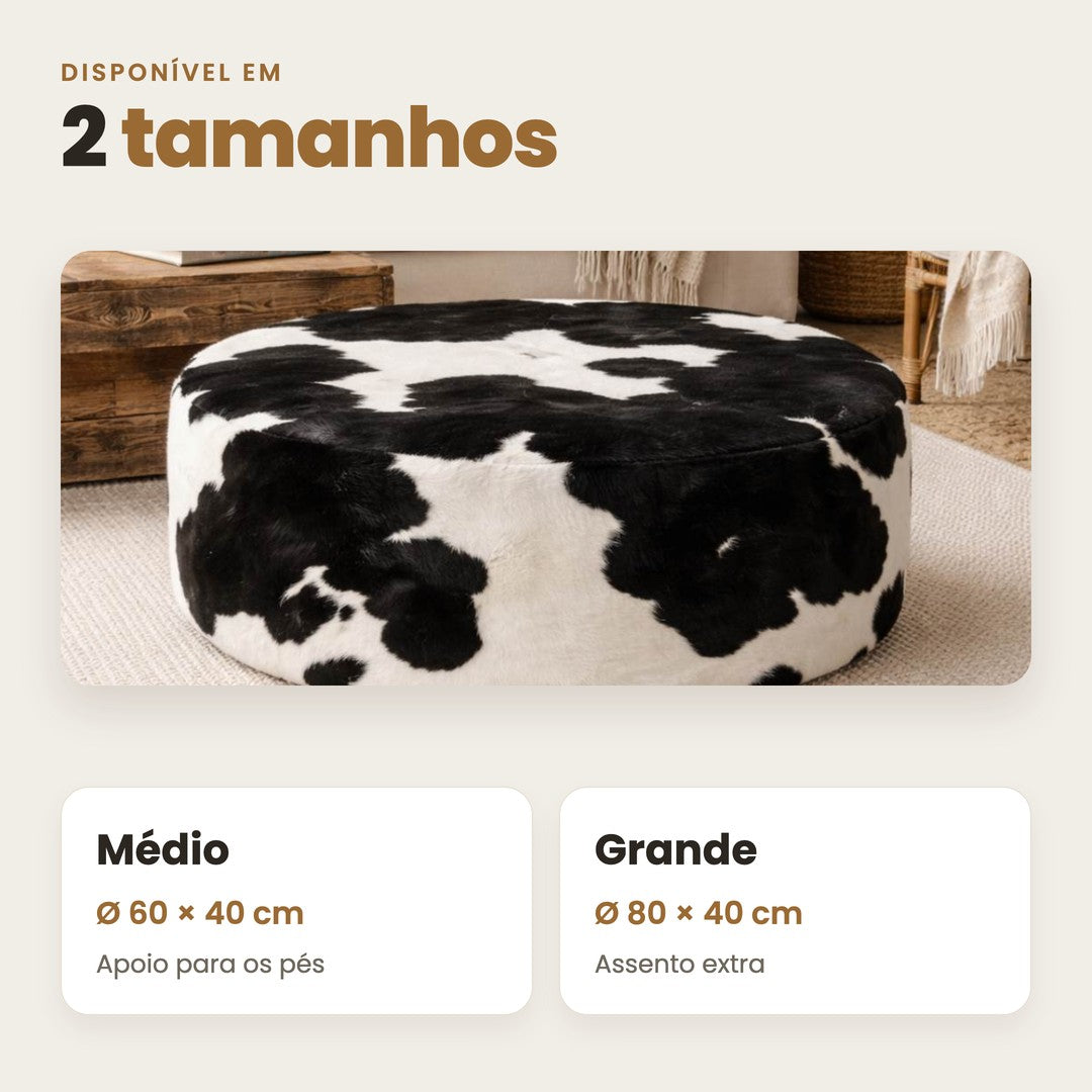 Puff redondo preto e branco de couro natural mostrando durabilidade