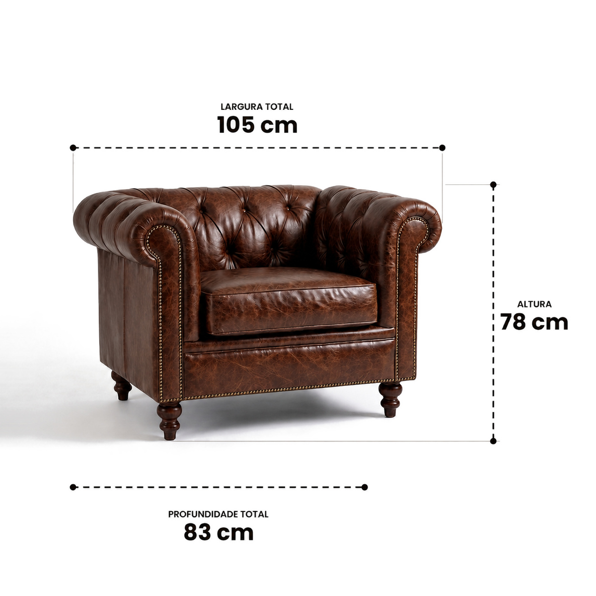 Medidas da Poltrona Chesterfield Tabaco: 105 cm de largura, 83 cm de profundidade e 78 cm de altura