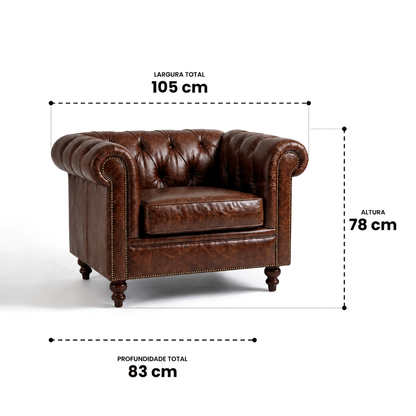 Medidas da Poltrona Chesterfield Tabaco: 105 cm de largura, 83 cm de profundidade e 78 cm de altura