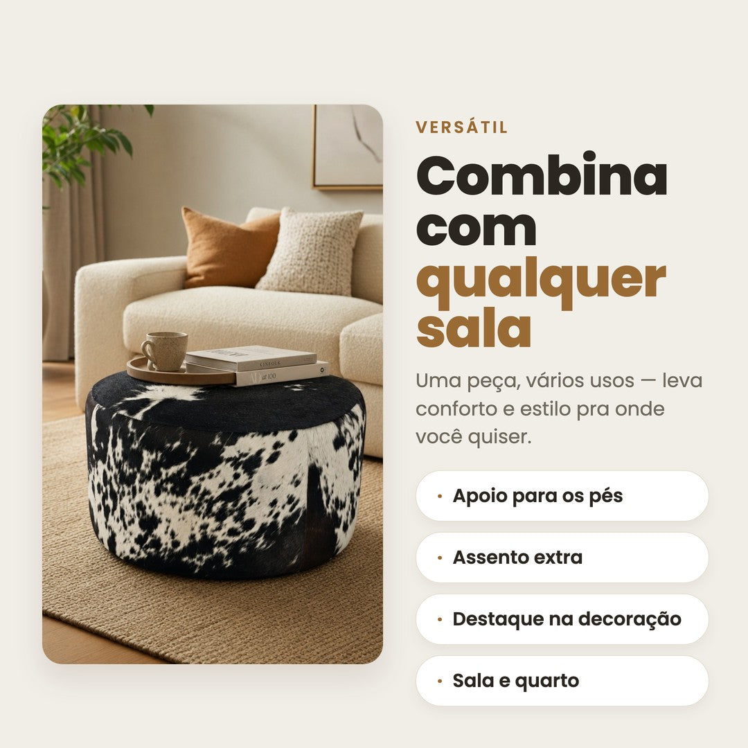 DECOURO · Puff Redondo em Couro Bovino Natural Salino Preto e Branco — Tamanho Grande (80 x 40 cm) PRONTA ENTREGA — Versatilidade