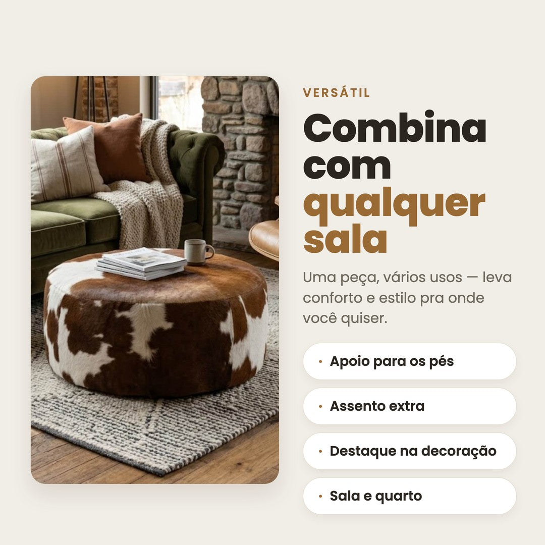 DECOURO · Puff Redondo em Couro Bovino Natural - Marrom e Branco Malhado Linha Premium — Versatilidade