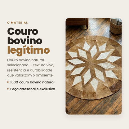 DECOURO · Tapete Mandala Estrela Dourada - Branco e Bege Escuro em Couro Legítimo — Material