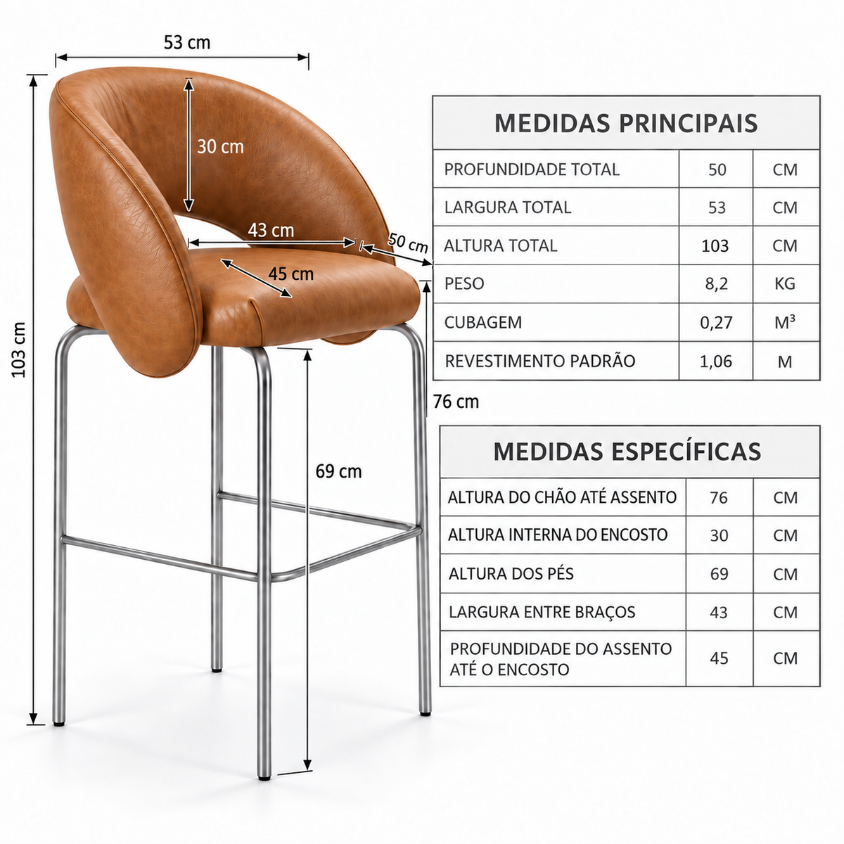 Banqueta Sephora Caramelo - Infográfico com medidas e flechas