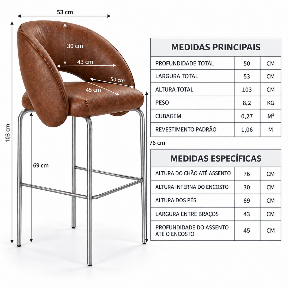 Banqueta Sephora Marrom - Infográfico com medidas e flechas