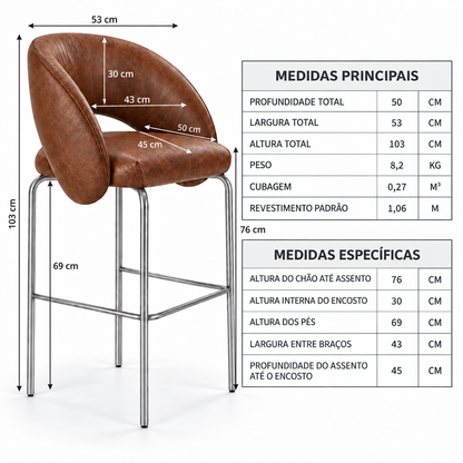 Banqueta Sephora Marrom - Infográfico com medidas e flechas