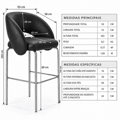 Banqueta Sephora Preto - Infográfico com medidas e flechas