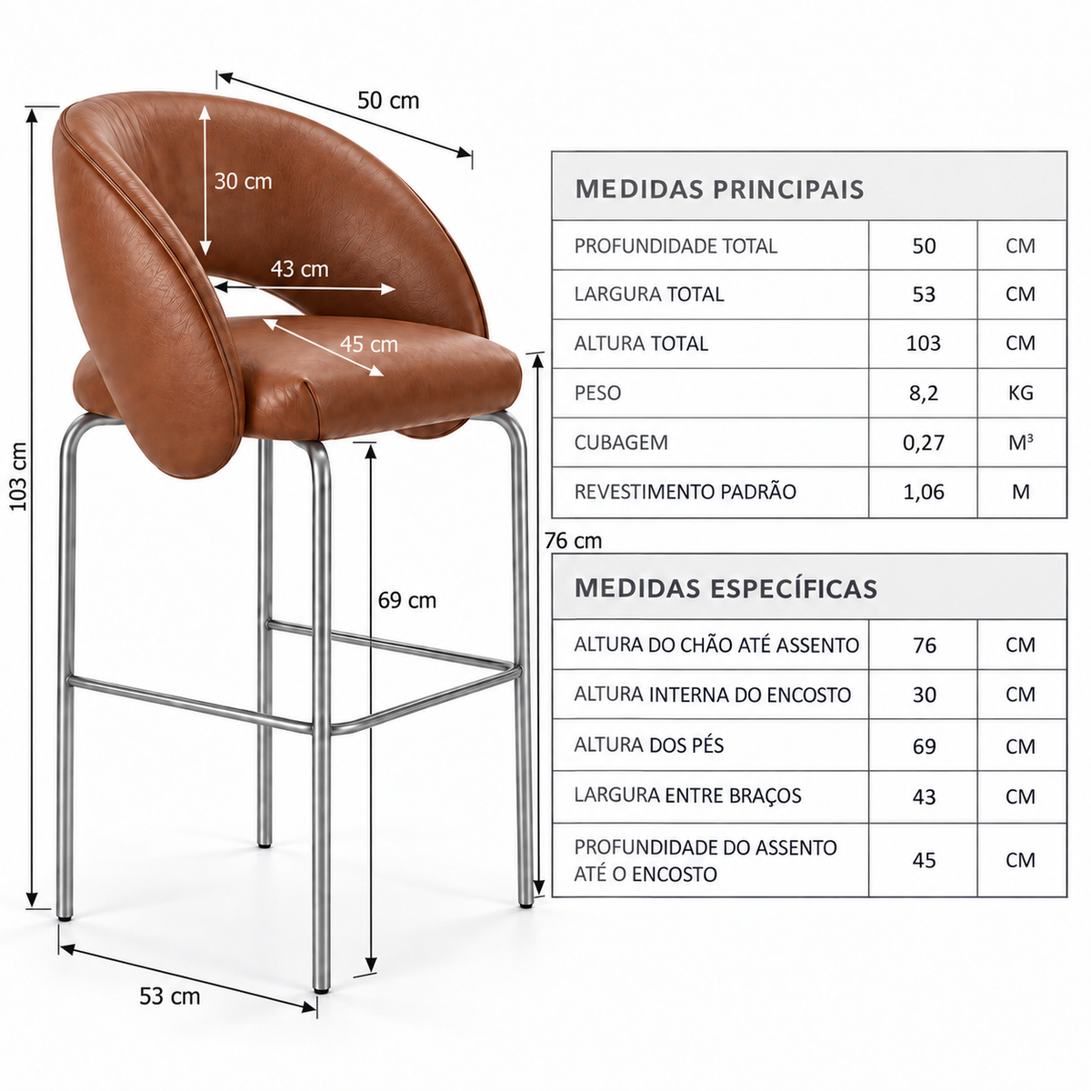 Banqueta Sephora Terracota - Infográfico com medidas e flechas