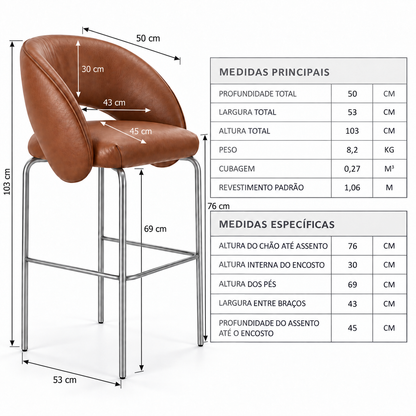 Banqueta Sephora Terracota - Infográfico com medidas e flechas