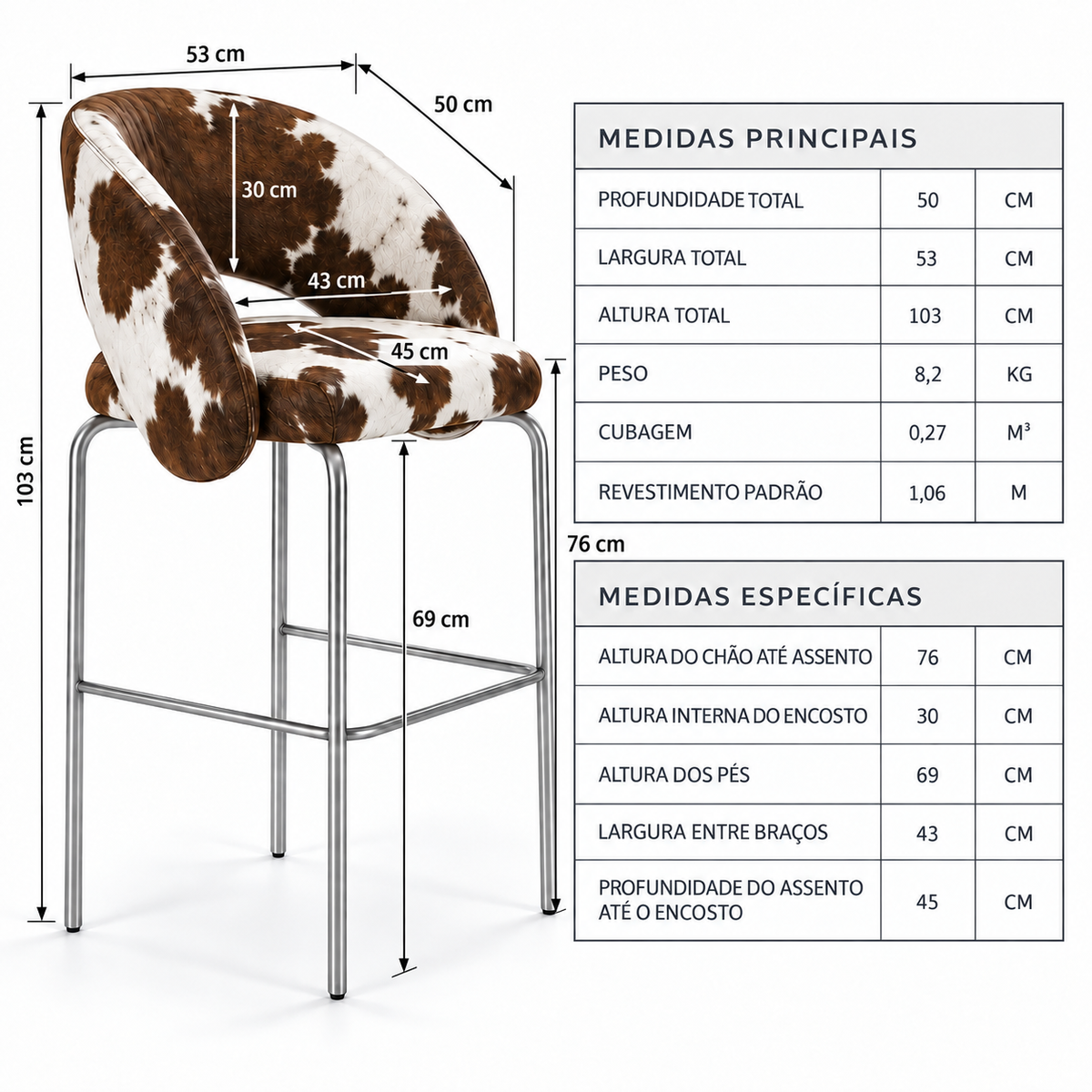 Banqueta Sephora Pelo Marrom e Branco - Infográfico com medidas e flechas