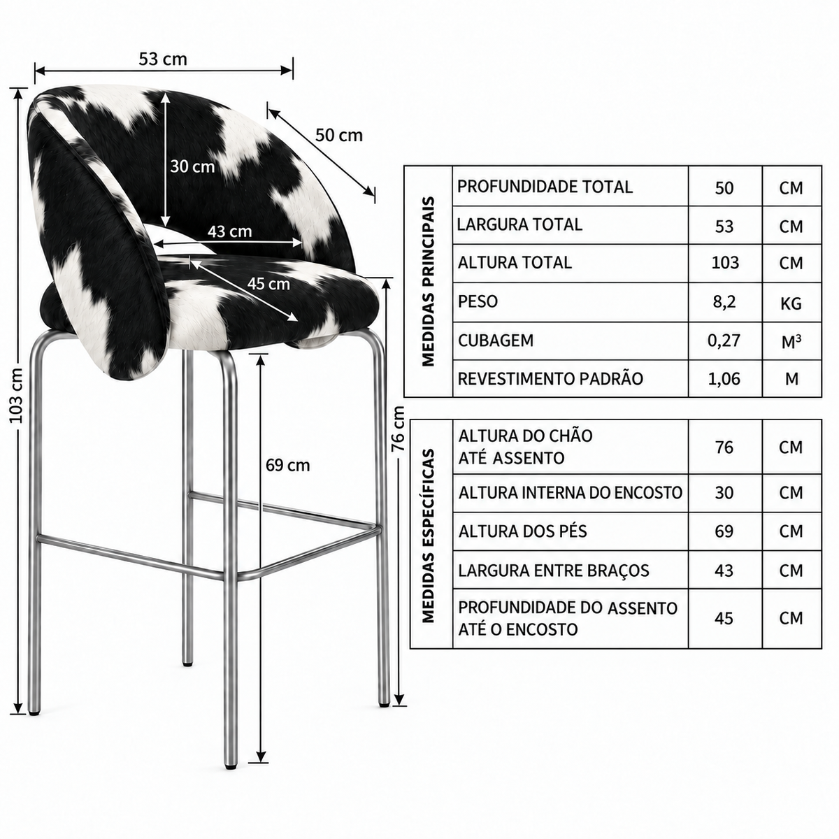 Banqueta Sephora Pelo Preto e Branco - Infográfico com medidas e flechas