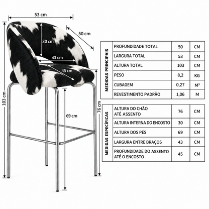 Banqueta Sephora Pelo Preto e Branco - Infográfico com medidas e flechas