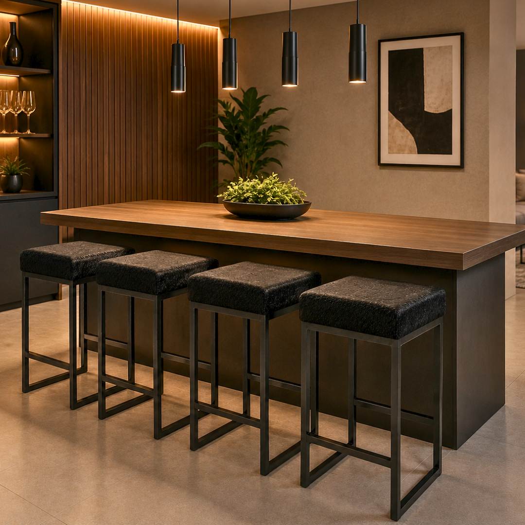 Quatro Banquetas de Couro Bovino Natural Preta em ambiente
