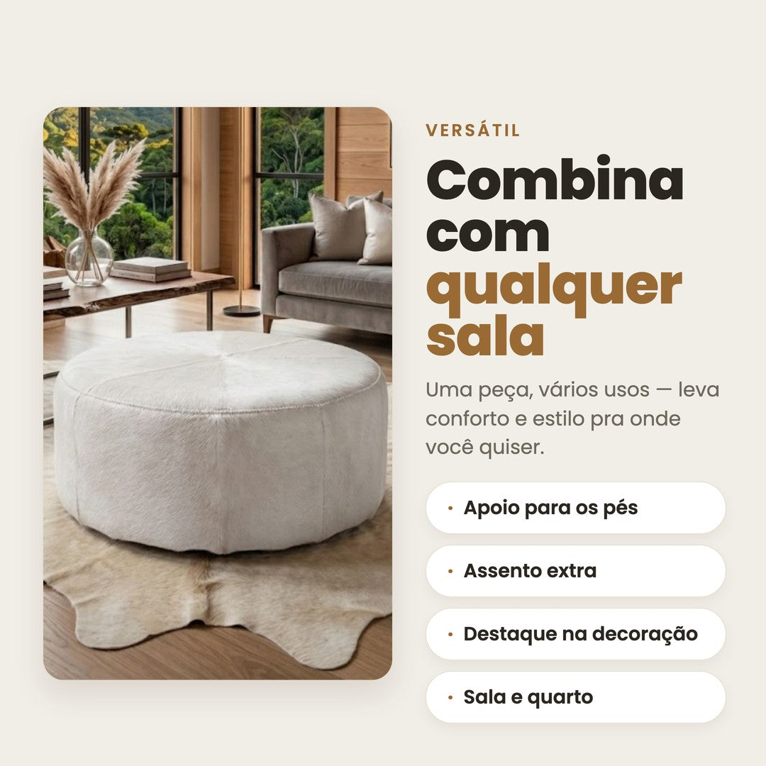 DECOURO · Puff Redondo em Couro Bovino Natural Branco — Versatilidade