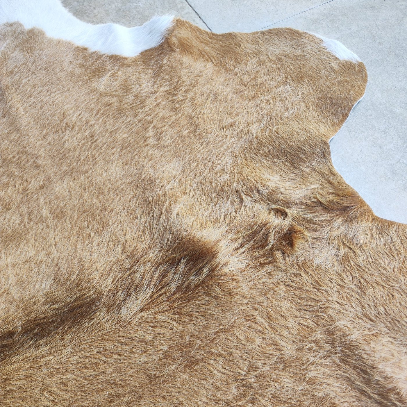 Tapete de couro de boi Bege e Branco BB869 — detalhe do acabamento artesanal