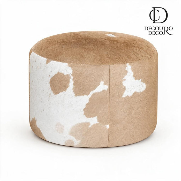 Puff Redondo em Couro Bovino Natural Bege e Branco – Médio (60×40 cm) — fundo branco