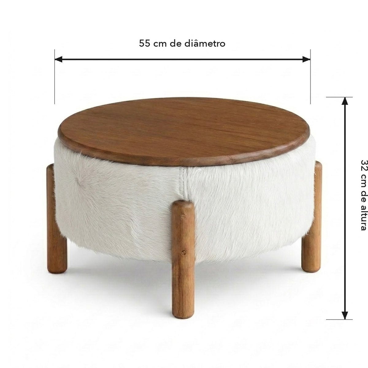 Mesa de Centro Redonda em Madeira e Couro Natural Branco 55x32cm — 55 cm de diâmetro × 32 cm de altura
