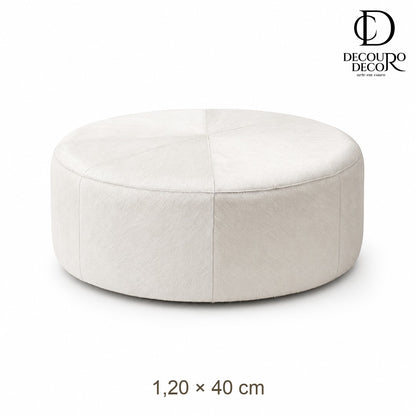 Puff Redondo em Couro Bovino Natural Branco