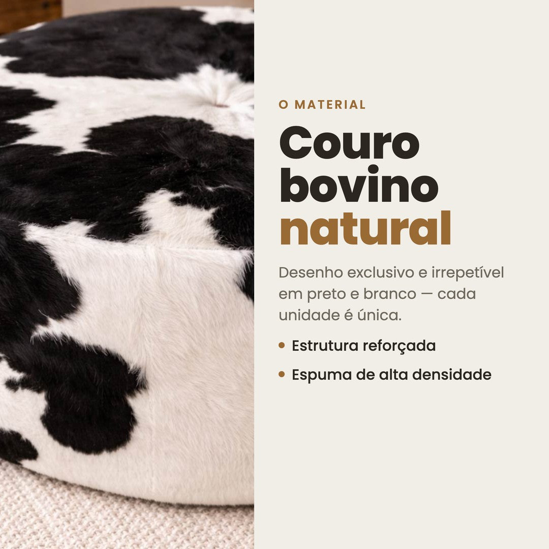 Puff de Couro Legítimo Redondo Preto e Branco em ambiente decorado