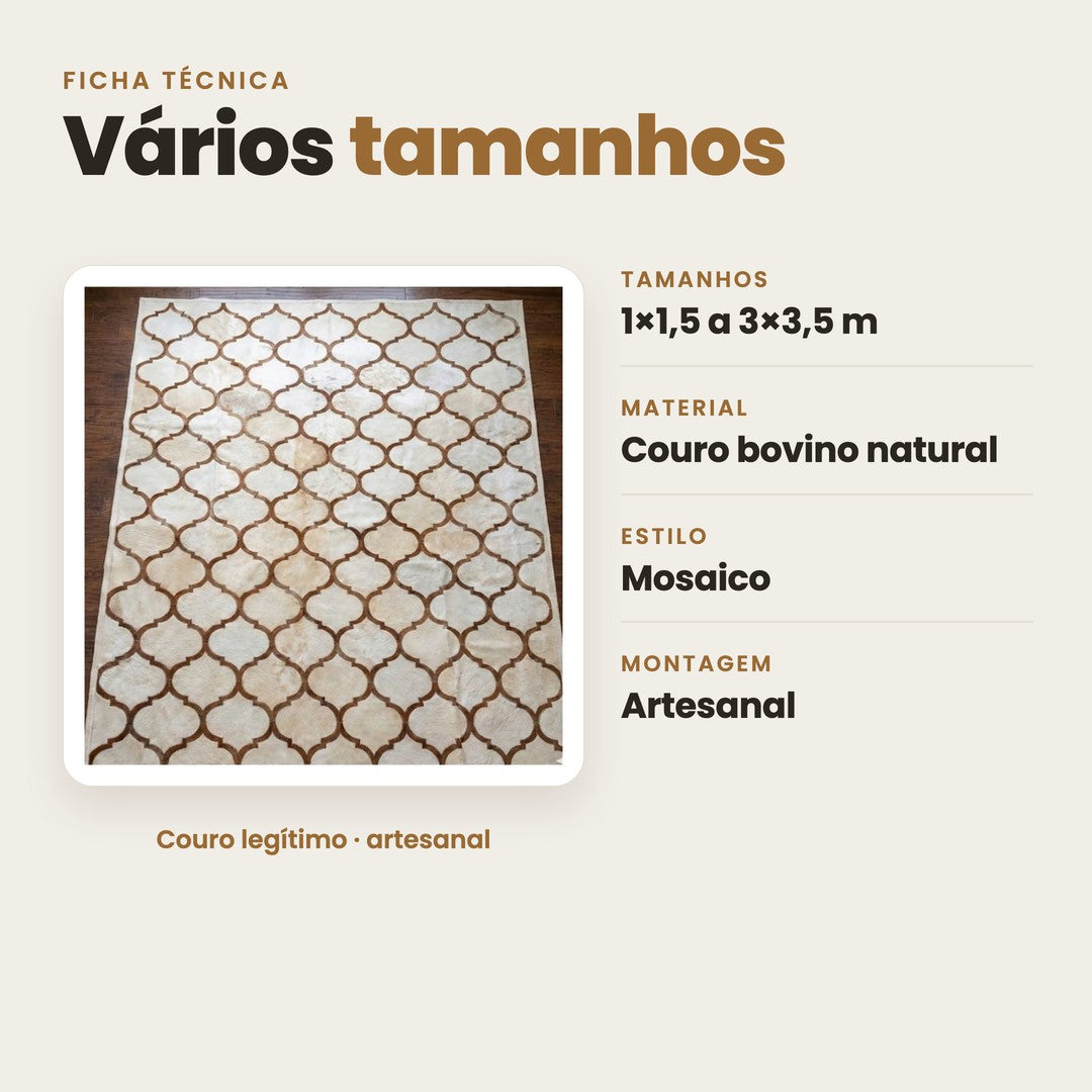 DECOURO · Tapete de Couro Mosaico Córdoba - Off White, Bege Claro e Contorno Bege Escuro — Características