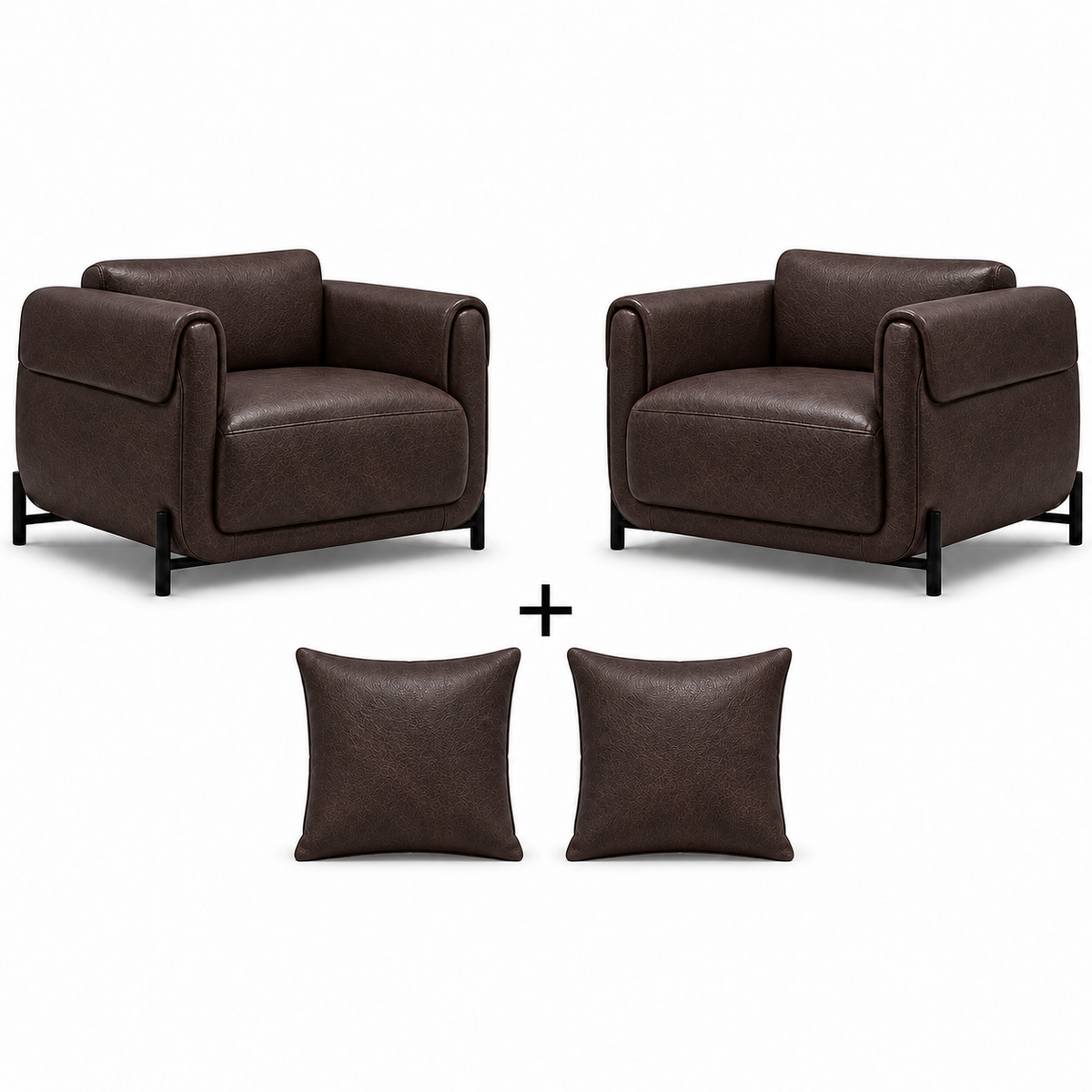 Poltrona Plush Café: 2 poltronas e 2 almofadas em couro legítimo