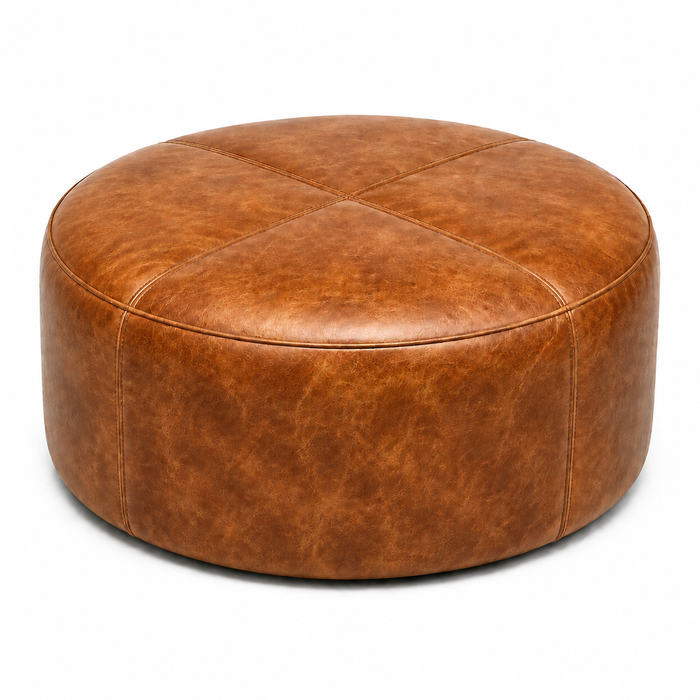 Puff Redondo em Couro Premium Liso Waxy Caramelo