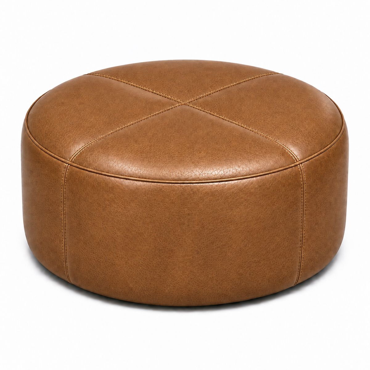 Puff Redondo em Couro Premium Liso Naturale Caramelo — tamanho grande — fundo branco