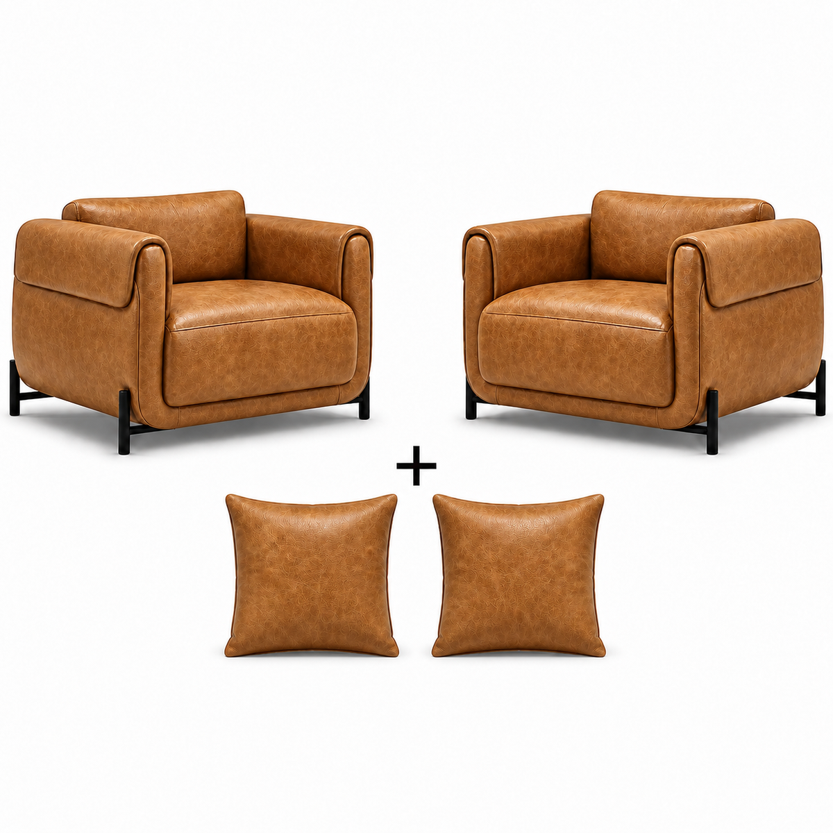 Poltrona Plush Caramelo: 2 poltronas e 2 almofadas em couro legítimo