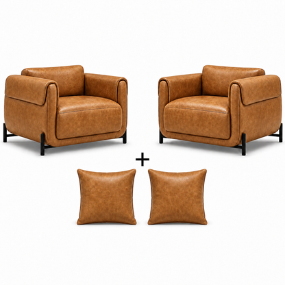 Poltrona Plush Caramelo: 2 poltronas e 2 almofadas em couro legítimo