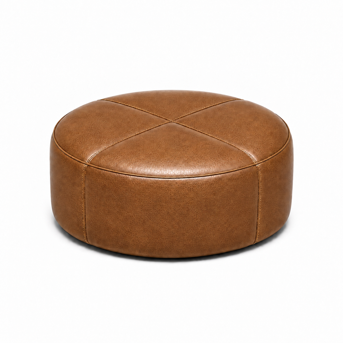Puff Redondo em Couro Premium Liso Naturale Caramelo — tamanho medio — fundo branco