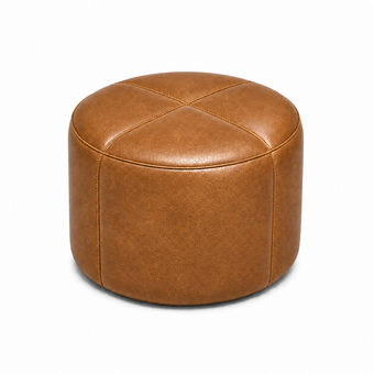 Puff Redondo em Couro Premium Liso Waxy Caramelo