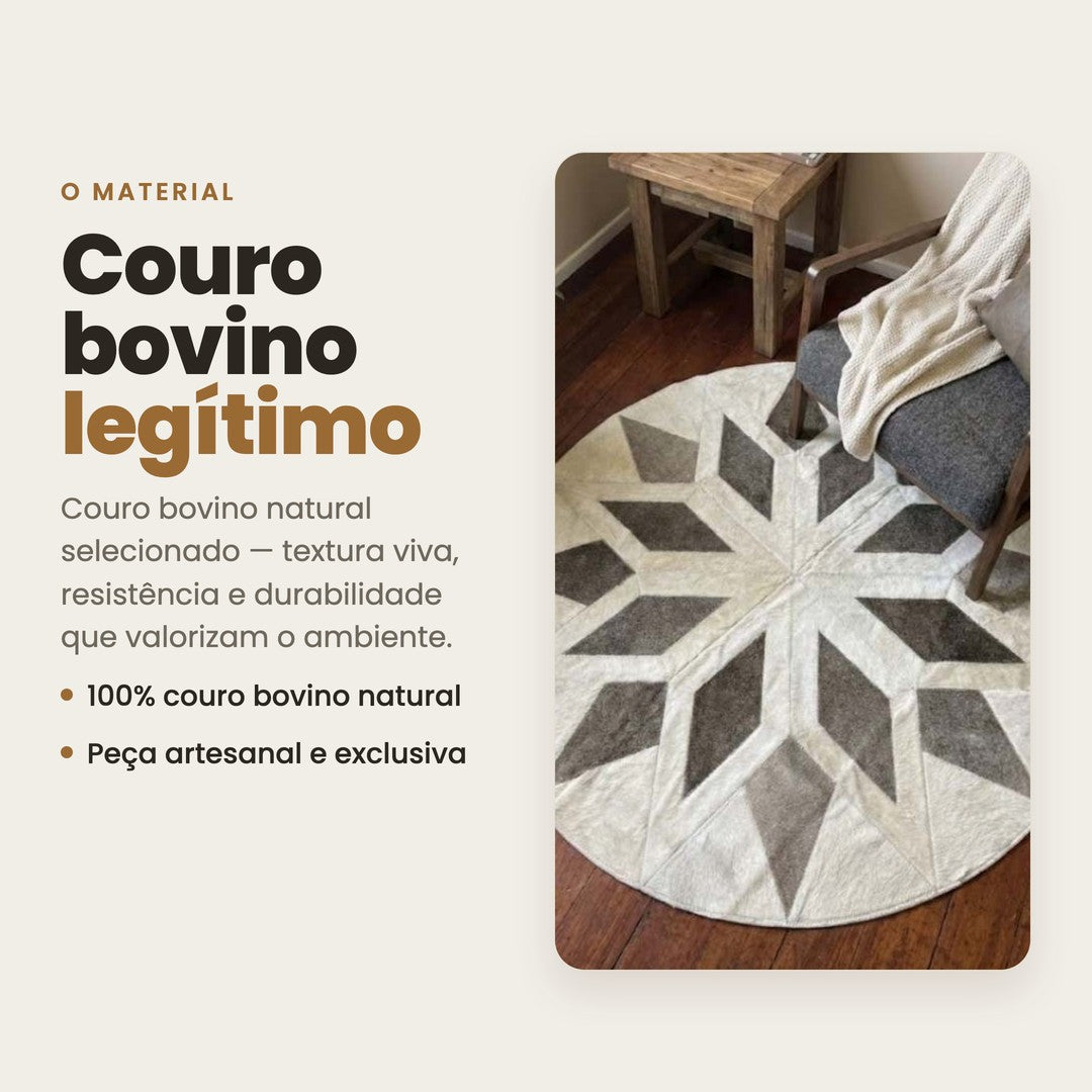 DECOURO · Tapete Mandala Stella - Branco e Cinza em Couro Legítimo — Material