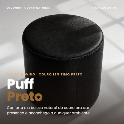 DECOURO · Puff Redondo Preto em Couro Legítimo — Tamanho Médio — Hero