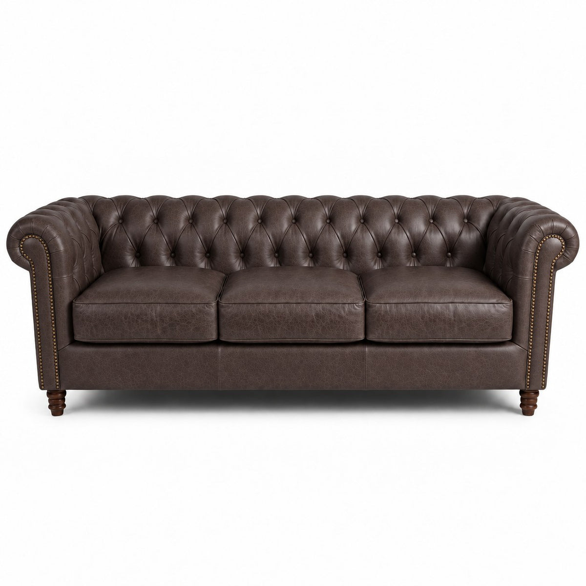 Sofá Chesterfield Café 3 lugares, 254 cm, couro legítimo texturizado